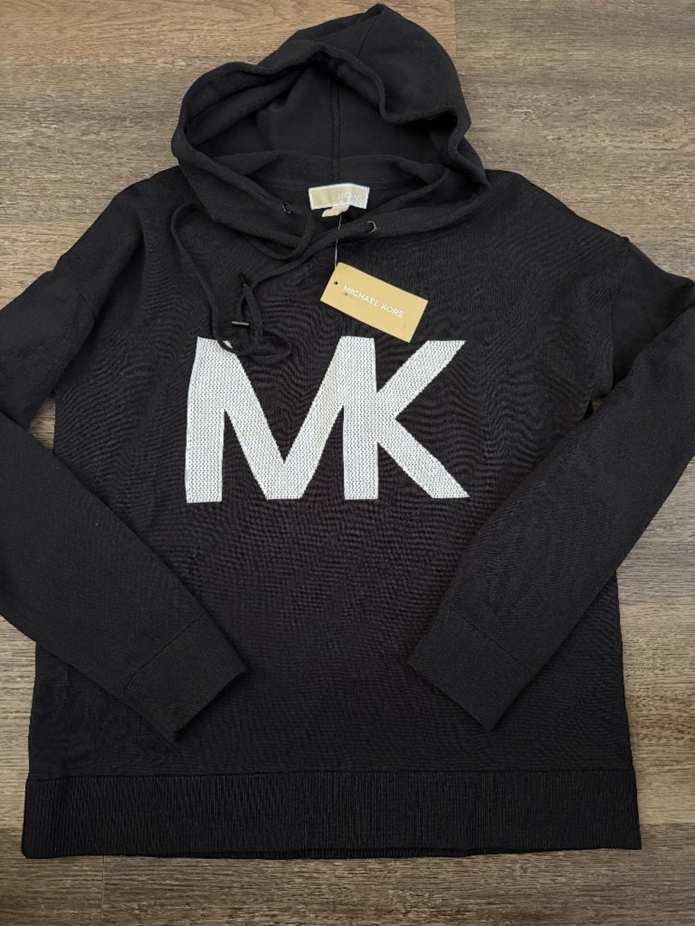 NWT Michael Kors black knit hoodie size M medium MK white logo stretch $155